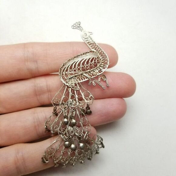 Vintage Filigree Peacock Clip On Earring and Brooch Set, Silver Tone, Estate - Picture 5 of 7